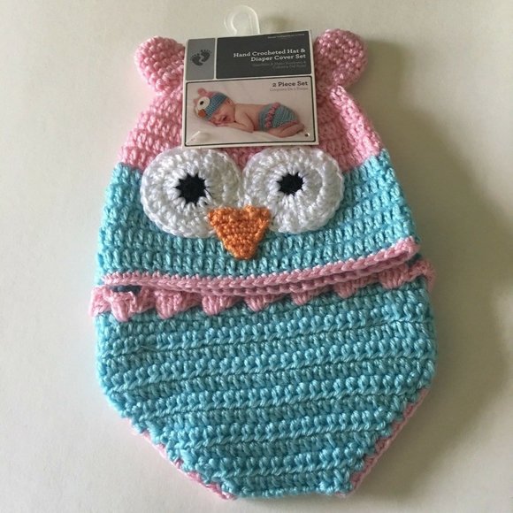 Hand Crocheted Hat And Diaper Cover Owl Sz 0-9 Months Infant Baby Photo New - Picture 5 of 12
